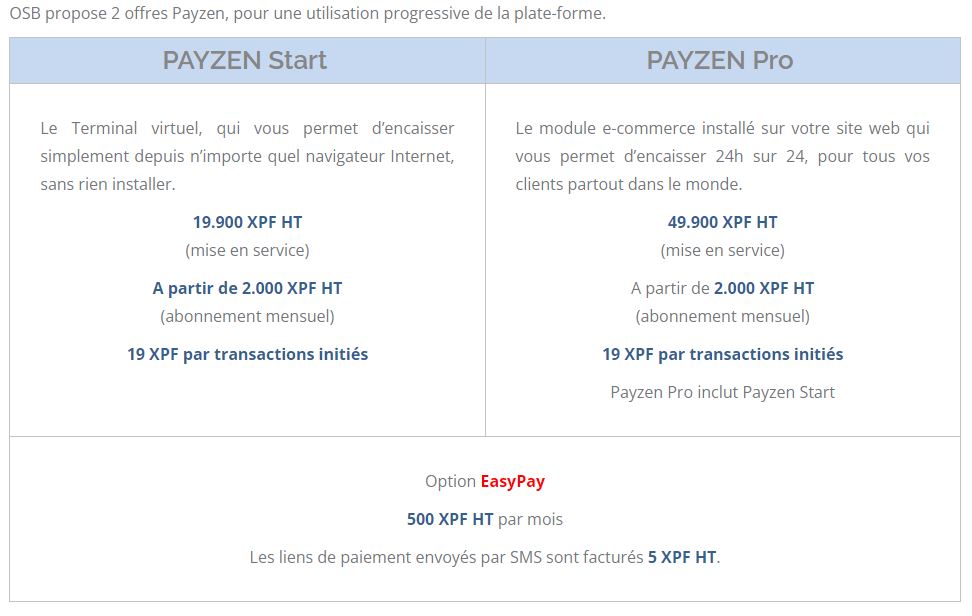 tarif Passerelle paiement Payzen by OSB